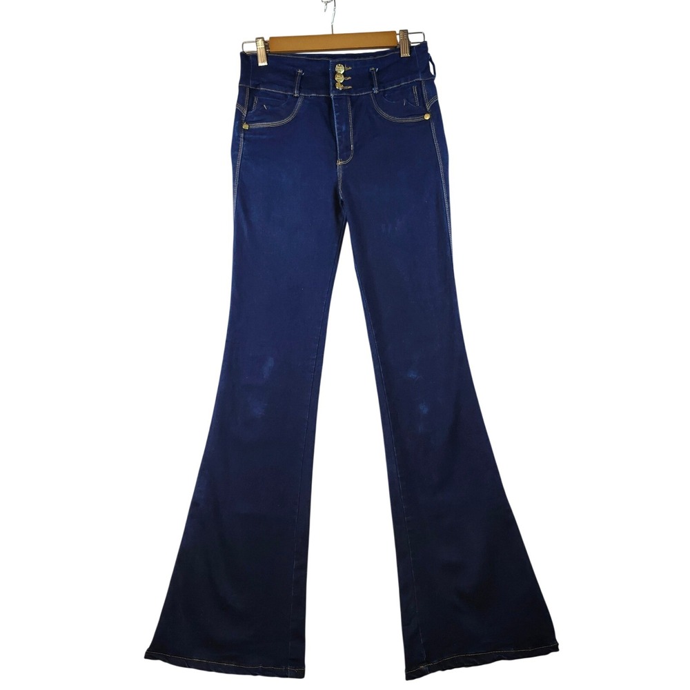 Bon BonUp Womens High Rise Flare Jeans Dark Indigo Blue Gold Buttons Size 12